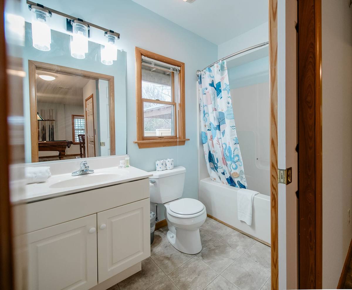 Bathroom with a vanity, toilet, and a whale-print tub curtain