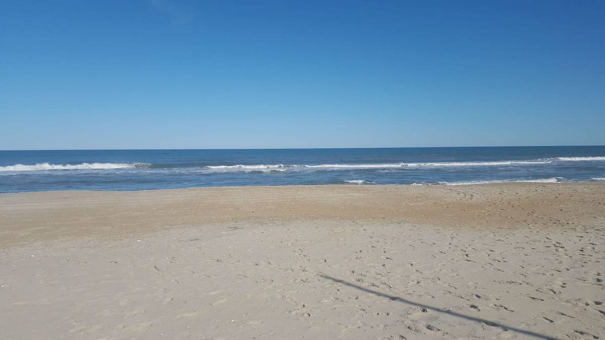 A wide, empty beach meeting a calm ocean under a clear blue sky