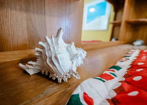 A white conch shell resting on a wood shelf next to a red, white, and green holiday quilt with a polka-dot pattern