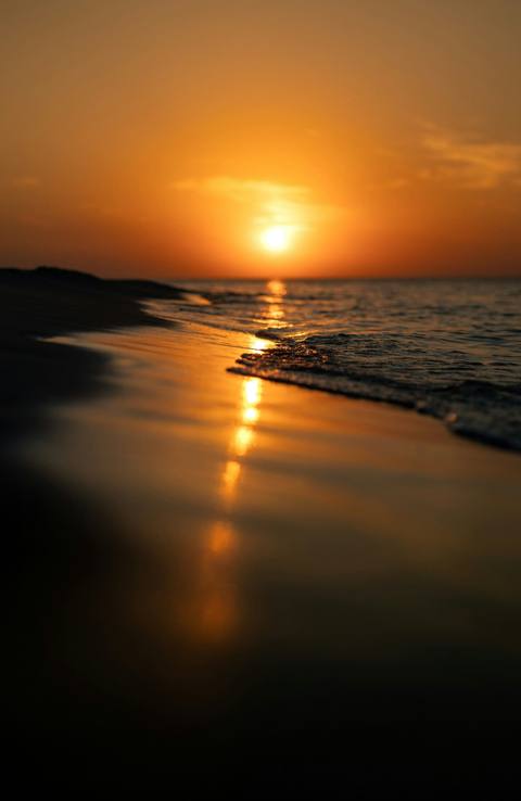 The sun low over a flat ocean horizon, glowing gold and reflecting off wet sand and gentle waves