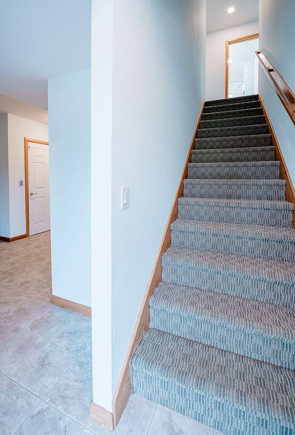 Carpeted staircase leading up from the lower level