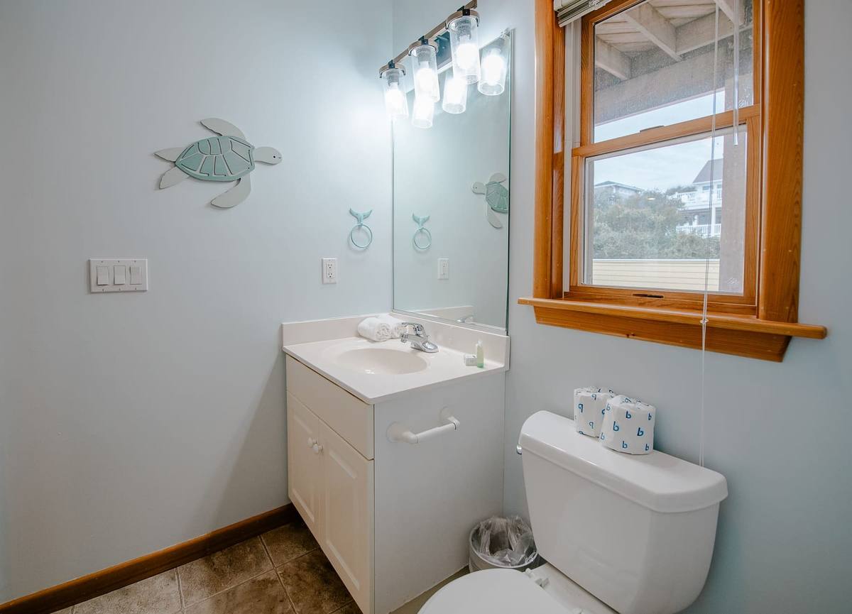 Bathroom with a window, vanity, and sea-turtle wall decor