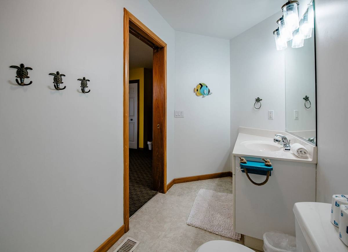 Bathroom seen from the doorway with turtle wall hooks and a vanity