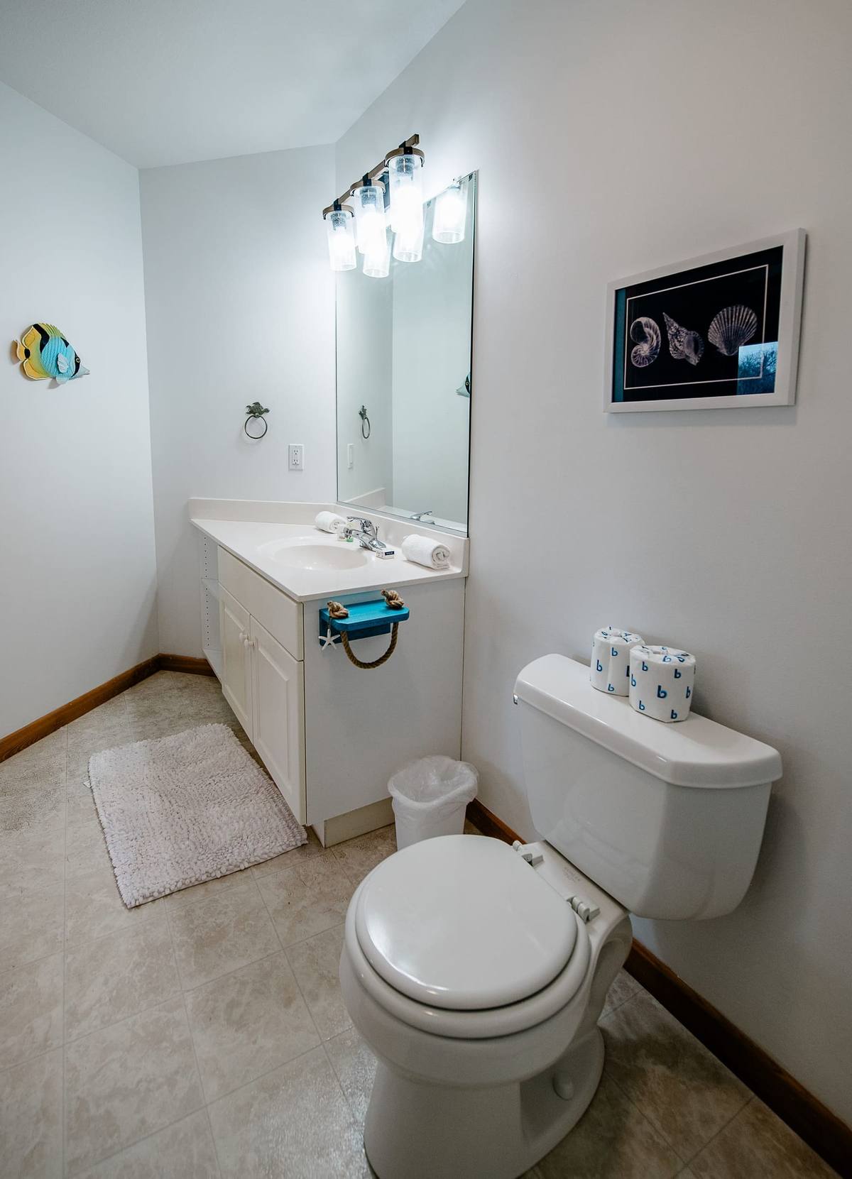 Bathroom with a vanity, toilet, and a framed print on the wall